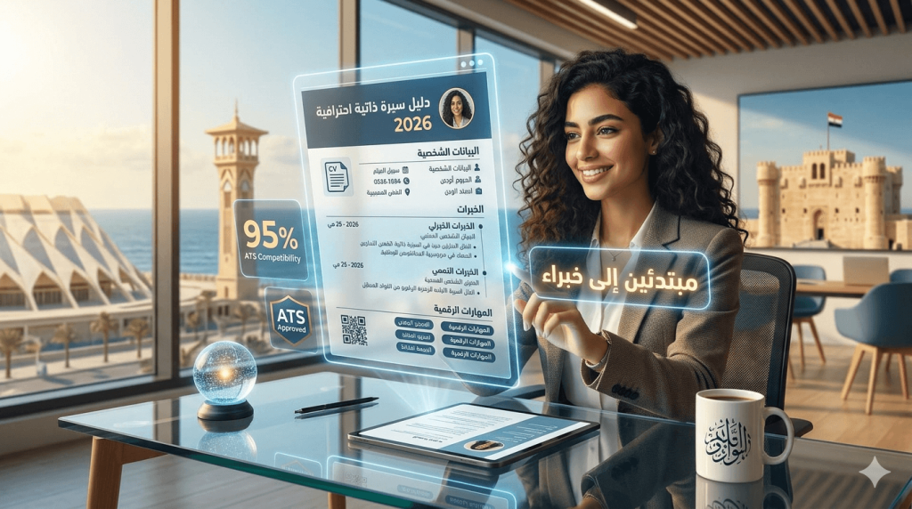 تصميم إبداعي يوضح طريقة إنشاء سيرة ذاتية احترافية 2026 متوافقة مع أنظمة الذكاء الاصطناعي ATS لمساعدة المبتدئين في سوق العمل.